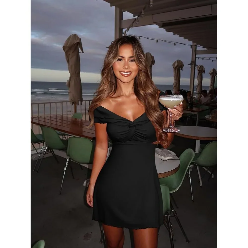Women's Black Sexy Ruffle Sleeve V Neck Wrap Cocktail Bodycon Mini - Picture 3 of 5